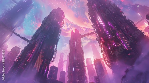 Low-angle view of futuristic skyscrapers entwined with colossal, glowing vines, ethereal sky and floating islands, watercolor style, vibrant hues, fantasy urban exploration