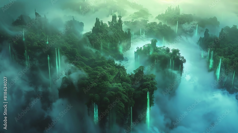 Panoramic view of a surreal fantasy world, lush bioluminescent forests, floating islands in the twilight, drone photography style, vibrant, ethereal light, photorealistic detail
