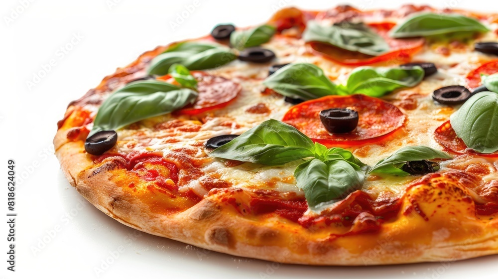 Round pizza with delicious toppings and seasonings. On isolated white background. Generative AI Round pizza with delicious toppings and seasonings. On isolated white background. Generative AI
