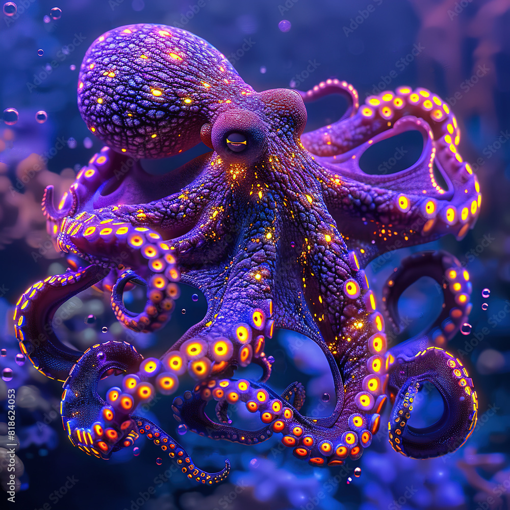 A purple octopus with yellow tentacles swimming in ocean deep A purple octopus with yellow tentacles swimming in ocean deep