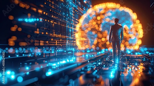 A scene depicting a businessman in a futuristic cityscape, using AI and cloud networking tools to orchestrate global metaverse activities photo