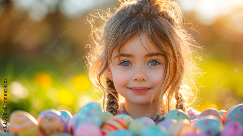 Fototapeta premium Child Girl Holding Easter Eggs in Sunny Backyard 