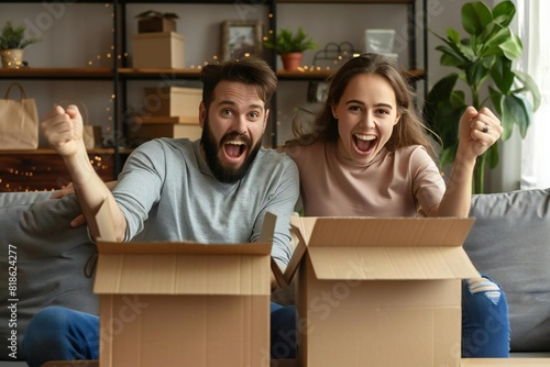 Excited Caucasian Couple Unpacking Online Shopping Haul photo