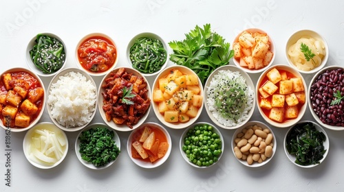 A clean and minimalistic arrangement of Korean festival foods on a white background photo
