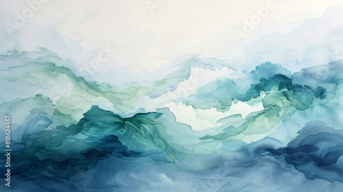 A soothing abstract watercolor painting on canvas with soft blues and greens blending into each other photo