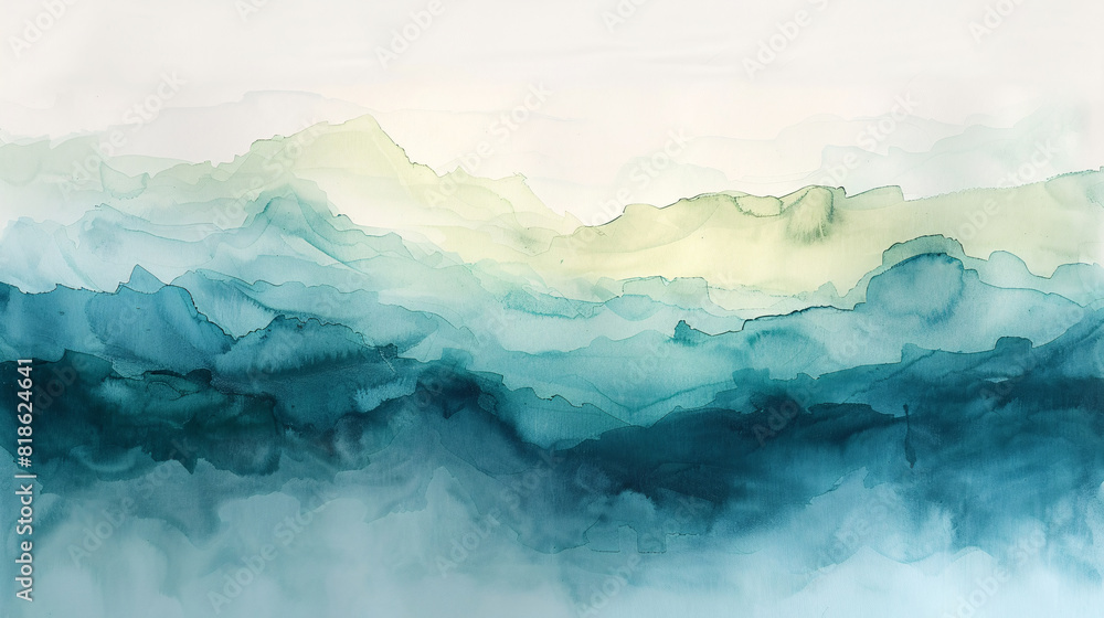 A soothing abstract watercolor painting on canvas with soft blues and greens blending into each other