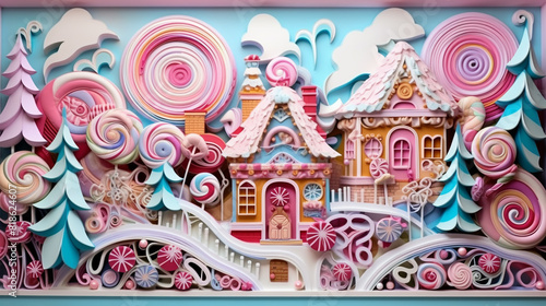 The image of creative paper cutting artwork with a candy land theme in Christmas scenery, background or backdrop for Christmas card and greeting reference.