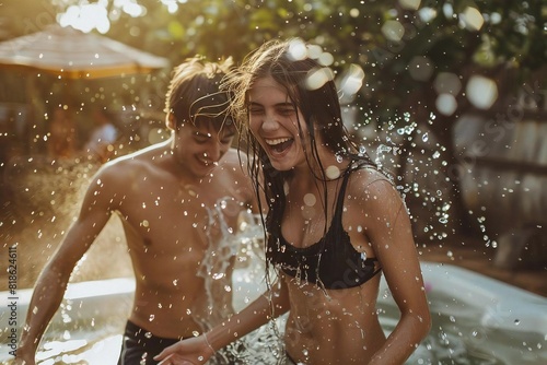 Happy Young Couple Splashing Each Other in the Backyard  Summertime Joy in the Suburbs