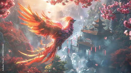 The mythical phoenix soars above a stunning landscape of cherry blossoms and waterfalls.