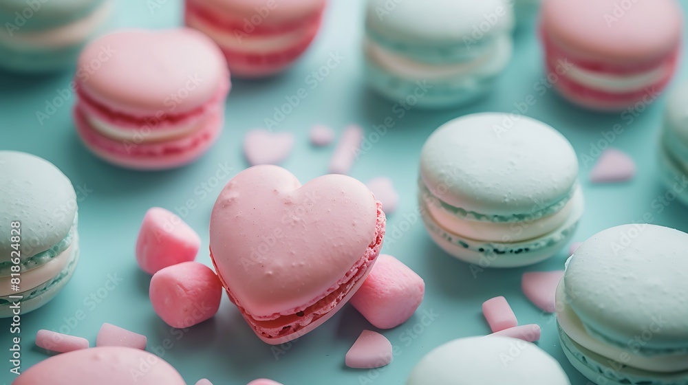 Colorful macaroons and pink marshmallow in heart shaped on trendy blue color surface Colorful macaroons and pink marshmallow in heart shaped on trendy blue color surface