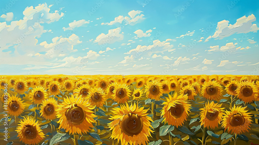 Fototapeta premium A sunflower field oil painting on canvas, with bright yellow flowers under a clear blue sky