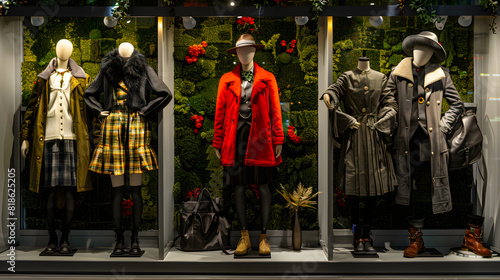  a store display of mannequins wearing different outfits.