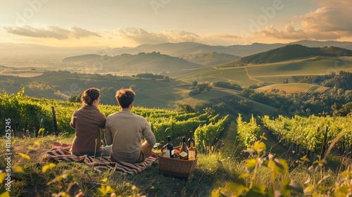 A couple sharing a picnic on a hilltop, overlooking rolling vineyards and distant mountains photo