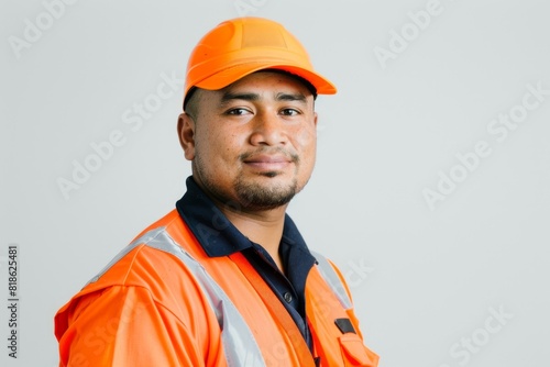 Studio Photography portrait of a  man, approx 25 years old Polynesian worker in safety gear, at work