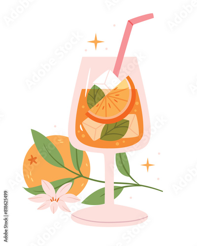 Summer fruit drink cocktail with straw and citrus slices.Summer alcoholic cocktail with prosecco, aperol and oranges.