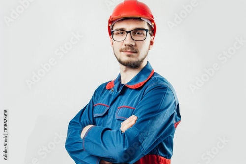 Studio Photography portrait of a male 25 years old American worker with glasses and hardhat
