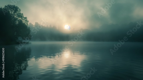 A dense fog rolling in over a serene lake at dawn, shrouding the landscape in an eerie, mystical ambiance.