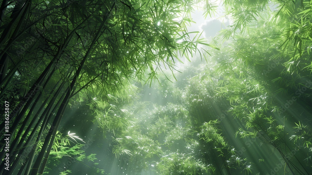 A dense thicket of bamboo towering overhead, its rustling leaves creating a soothing, rhythmic melody in the breeze. A dense thicket of bamboo towering overhead, its rustling leaves creating a soothing, rhythmic melody in the breeze.