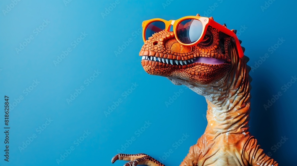 Fototapeta premium Coo red dinosaur wearing orange sunglasses on blue background