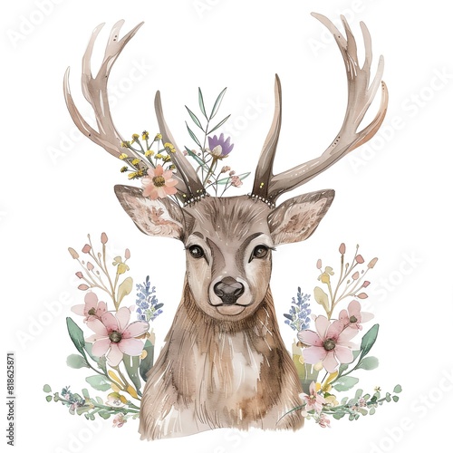 A beautiful watercolor painting of a deer with flowers in its antlers