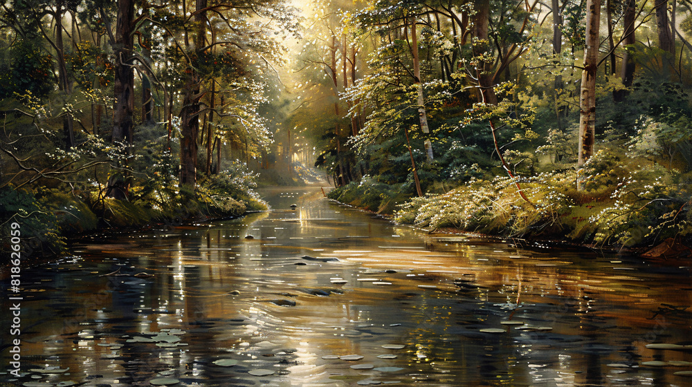 A tranquil river flowing through a dense forest oil painting on canvas, with detailed reflections in the water A tranquil river flowing through a dense forest oil painting on canvas, with detailed reflections in the water