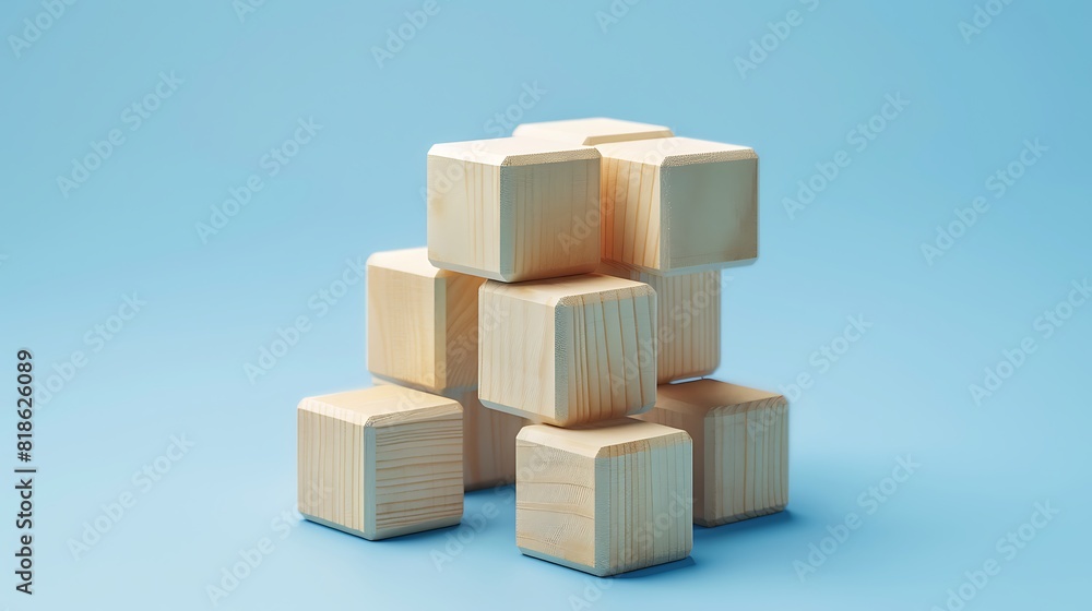 Cube Formation Made of Wooden Blocks on Soft Blue Background Cube Formation Made of Wooden Blocks on Soft Blue Background