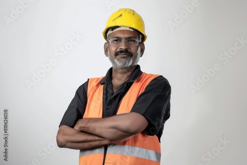 60 years old Indian male worker in uniform looking real and modern. Plain white background. mature working man, happy and smiling.