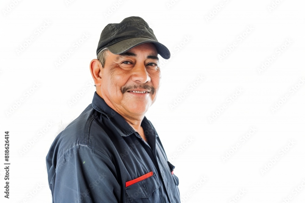 Studio Photography portrait of a mature Mexican worker in uniform , happy at his job, casual and smiling. Plain white background. 3:2