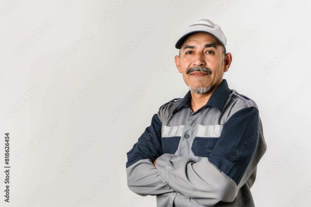 Studio Photography portrait of a mature male 50 to 60 years old mexican worker in uniform, isolated, crossing arms. Studio Photography portrait of a mature male 50 to 60 years old mexican worker in uniform, isolated, crossing arms.