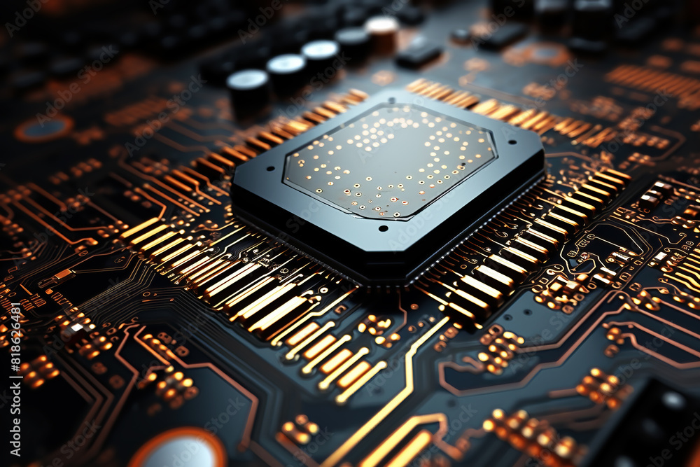 Close up of a printed computer circuit board, PCB, CPU, surface mounted components top down view. Close up of a printed computer circuit board, PCB, CPU, surface mounted components top down view.