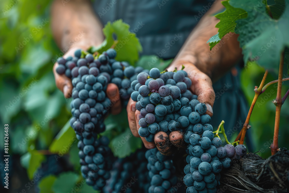 A closeup of hands holding freshly picked grapes, showcasing the rich blue hues and glossy texture of dark red wine berries in an organic vineyard setting. Created with Ai