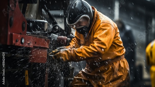 Worker in rain gear maintaining machinery in wet conditions