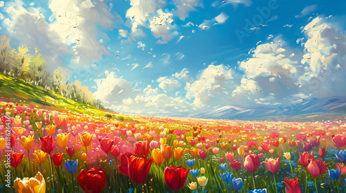 A tulip field in spring oil painting on canvas, with bright flowers and a clear blue sky #818626436