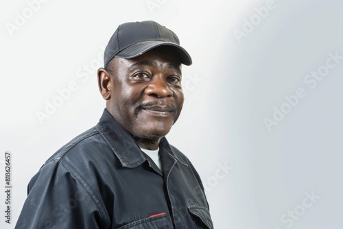 Isolated Studio Photography portrai, head and shoulder shot, of a working male 60 years old African American worker in uniform