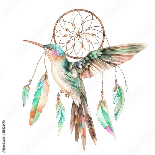 A watercolor painting of a hummingbird flying through a dreamcatcher