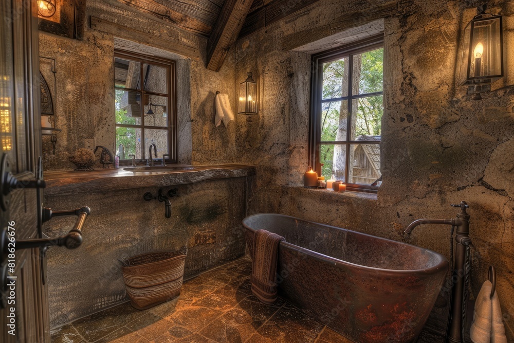 Rustic bathroom interior. With lots of old wood-effect furniture and furnishings to make bathing a cozy experience. Generative AI