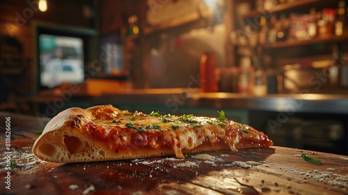 A side view of a generously topped pizza slice, showcasing the layers of gooey cheese and vibrant tomato sauce, set against a warm photo