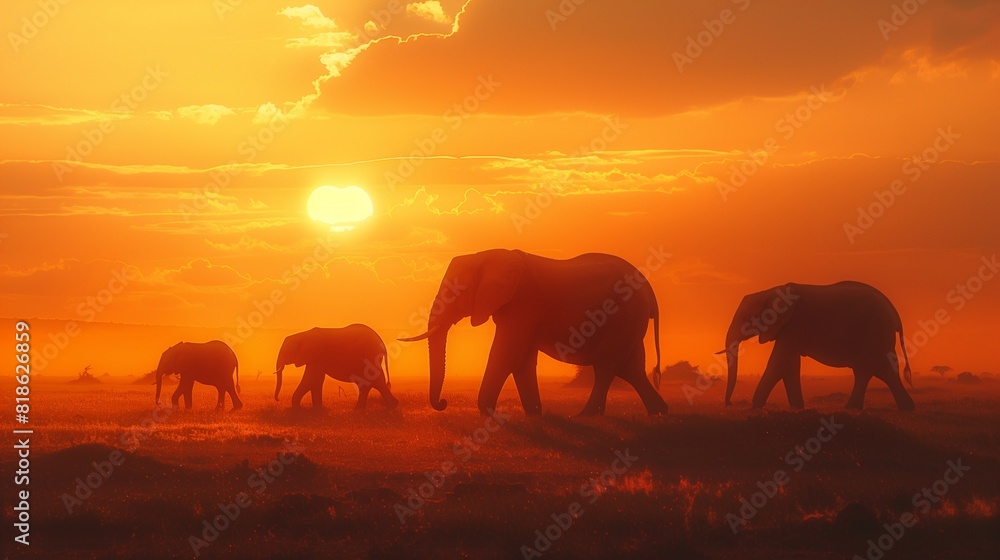 Obraz premium A family of elephants trekking across the vast savannah, their silhouettes stark against the fiery hues of a setting sun.