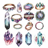 A collection of beautiful watercolor and ink illustrations of crystals and rings. The perfect addition to any magical or fantasy project.