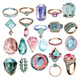 A watercolor painting of a variety of rings and gemstones