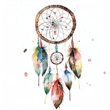A beautiful watercolor painting of a dreamcatcher with colorful feathers