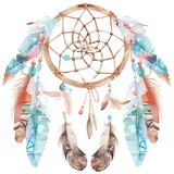 A beautiful watercolor painting of a dreamcatcher with feathers and beads