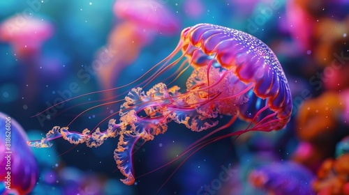 A glowing jellyfish floats through the dark ocean waters.