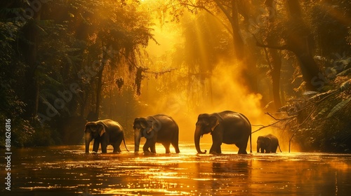 A family of elephants crossing a river in the golden light of dawn. © Scott