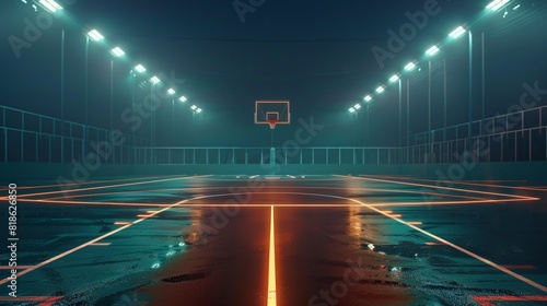 Backdrop of a lit vacant court for basketball. © ckybe