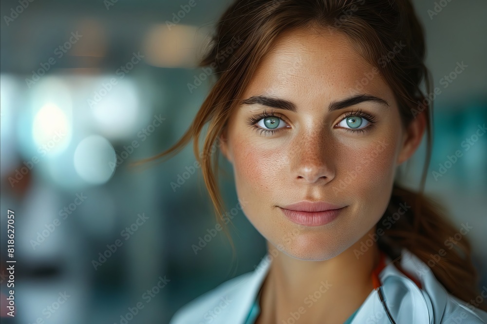 A woman in a white coat with blue eyes. A woman in a white coat with blue eyes.