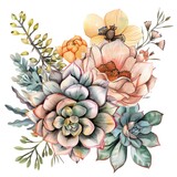 A beautiful watercolor painting of a bouquet of succulents and flowers