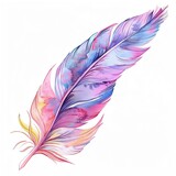 A watercolor feather with shades of purple, blue, and pink. The feather is soft and fluffy, and looks like it is floating in the air.