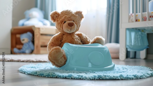 Cute teddy bear on light blue baby potty on floor in room photo