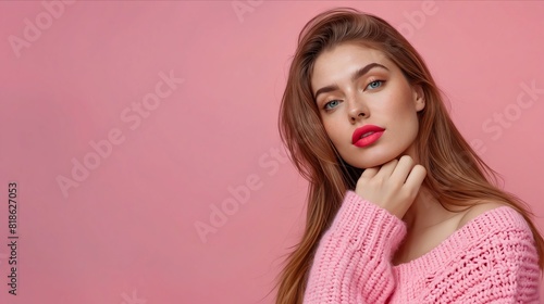 A woman in pink sweater with red lips.